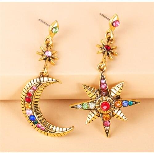 Wholesale Vintage Punk Metal Gem Bohemian Long Style Moon Star Shiny Crystal Earrings Asymmetry Novel Jewelry For Women Brincos