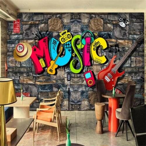 Retro nostalgic graffiti guitar music theme rock studio 3D wallpaper bar KTV club indust decor mural wallpaper papel de parede