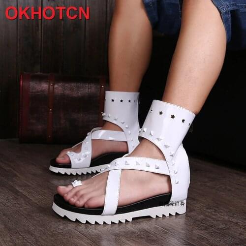 White Clip Toe Men Patent Leather Sandals Summer Breathable Fashion High Top Shoes Personality Rivet Heel Increased Sandal Boots