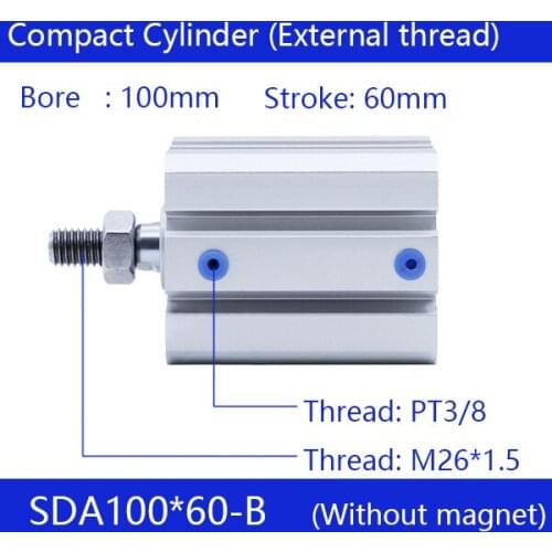 SDA100*60-B Free shipping 100mm Bore 60mm Stroke External thread Compact Air Cylinders Dual Action Air Pneumatic Cylinder