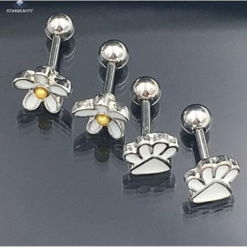 2pcs Cute Flower And Bear Feet Picture 16 Gauge Earrings Ear Cartilage Tragus Helix Piercing 1.2*6mm 316L Steel Upper Ear Stud