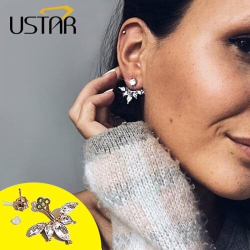 USTAR Leaf Crystals Stud Earrings for Women Silver color Double Sided Fashion Jewelry Earrings female Oorbellen hanging kolczyki
