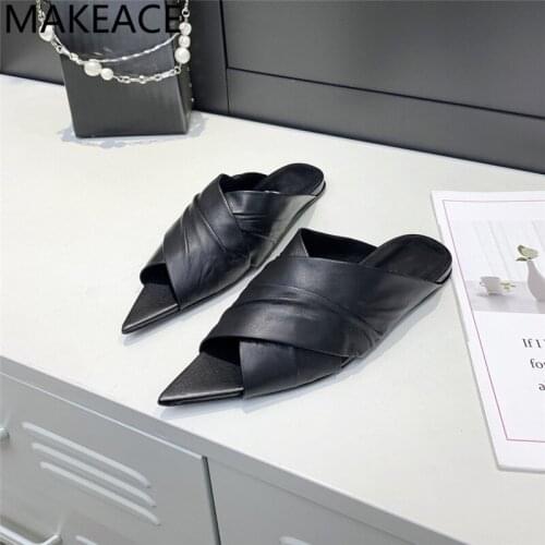 New Slippers Women White Black Ladies Slides Pointed Peep Toe Summer Shoes Women Pleated Mules Shoes Woman Flats Slippers 2021