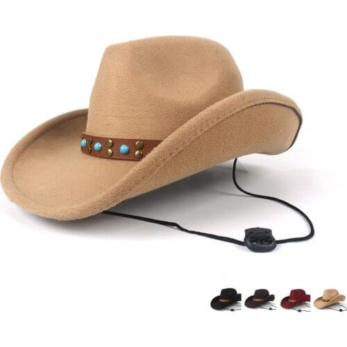 Retro Women Men Wool Hollow Western Cowboy Hat Roll-up Brim Gentleman Outblack Sombrero Hombre Jazz Cap Wind Rope Size 56-58CM