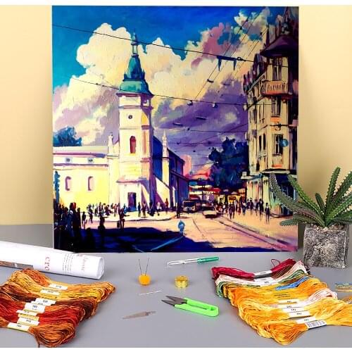 Landscape Lviv, Gorodotska Str Pre-Printed 11CT Cross-Stitch Embroidery Complete Kit DMC Threads Handmade Craft Magic