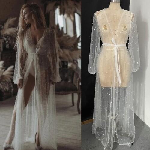 Pearl Long Sleeve Wedding Jacket Tulle Party Shawl BOLERO Floor-Length Bridal Cape Sexy pearl robe