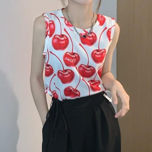 2021 New Women Summer Sleeveless T-shirts Apples Printing Tshirts Round Collar Tank Tops Pullovers