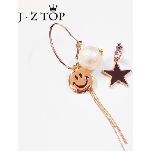 JZTOP Star Crystal Stud Earrings Woman Cute Smile Imitation Pearl Asymmetrical Long Tassel Earrings Female Fashion Jewelry