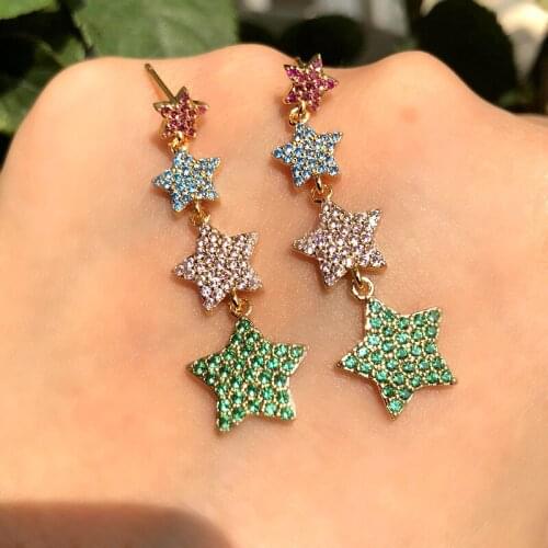 Colorful Cubic Zirconia star Shape Long Pendant Dangle Drop Earrings for Women Gold Color Bohemia Fashion Earring 2019 Statement