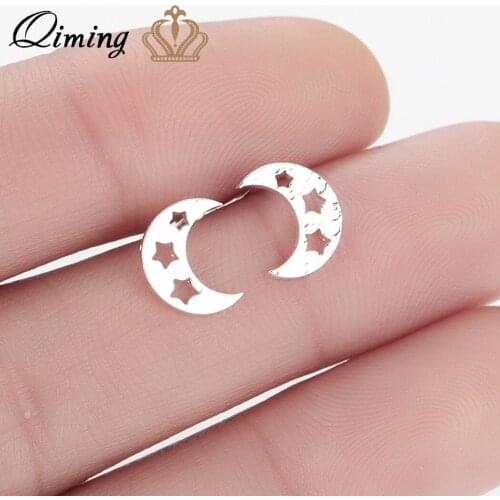 QIMING Hollow Star Crescent Moon Earrings Women Children Korean Jewelry Accessories Celestial fashion Cute Stud Earrings Gift