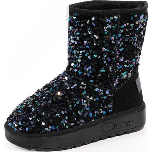 Sequined Womens Snow Boots Inner Heightening Non-slip Ladies Ankle Boots Thickening and Velvet Medium Tube Warm Boots