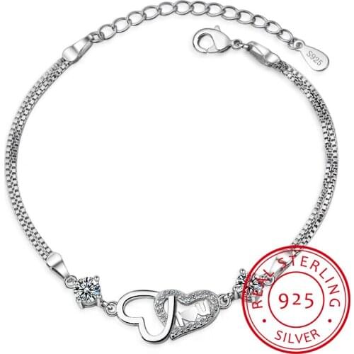 925 Sterling Silver Eternal Love Heart Zirconia Double Layer Chain Bracelet For Women Pulseira Feminina S-b47