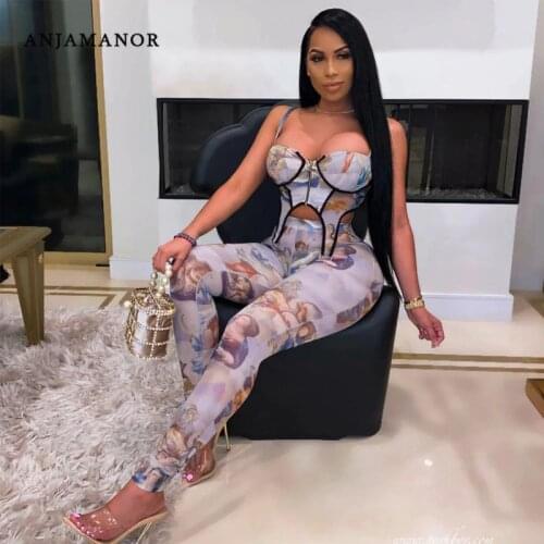 ANJAMANOR Sexy Two Piece Club Outfits for Women Clothes 2021 Aesthetic Print Corset Crop Top Pant Suits Matching Sets D15-CI20
