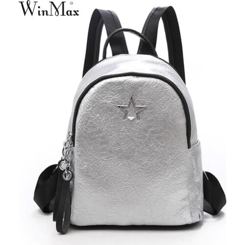 Women Leather School Backpack for Teenage Girls Stars Shoulder Rucksack Bag Black Silver solid Color Daypack Mochila Mujer 2018