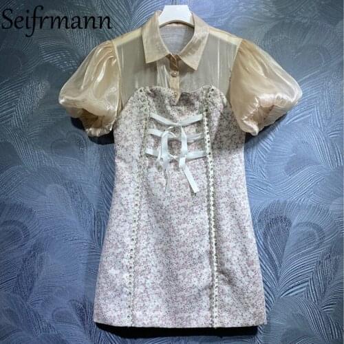 Seifrmann New 2021 Summer Women Fashion Runway Mini Dress Lantern Sleeve Bow Beading Floral Printed High Waist Dresses Vestidos