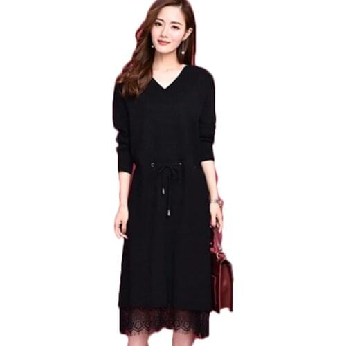 New Spring Autumn Womens Dresses V-Neck Knitted Sweater Lady Trendy Bottoming Female Knit Long Dress With Belt Lace Patchwork