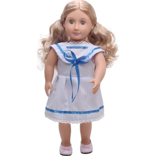 18 Inch American Doll School Uniform Blue Striped Dress Newborn Girls Baby Toy Accessories Fit 40-43 Cm Boy Dolls Gift c390
