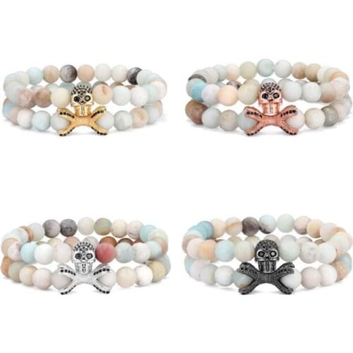 2pcs/lot 8mm skull crown gold silver copper cz zircon cubic zirconia beads bohemian Bracelet elastic Stone Bangles cgb3