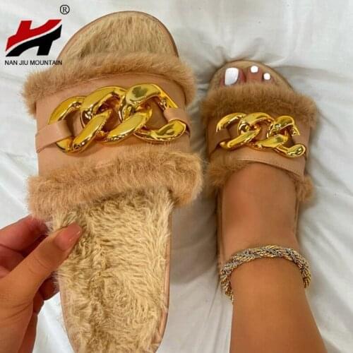 2021 New Womens Shoes Solid Color Plush Slippers Outdoor Leisure Chain Sandals Open Toe Plus Size 43
