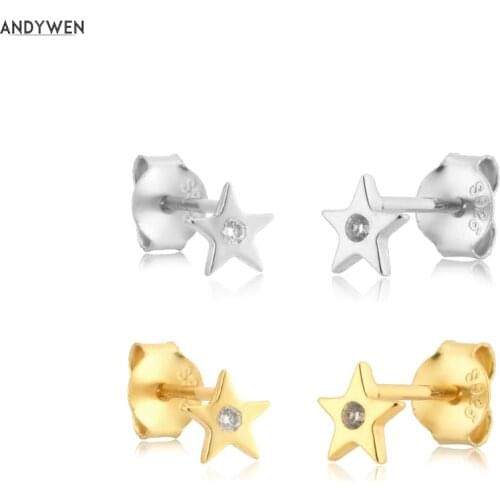 ANDYWEN 925 Sterling Silver One Zircon Star Stud Earring Piercing Plain Women Fashion Wedding Gift Jewelry 2021 Rock Punk Clips