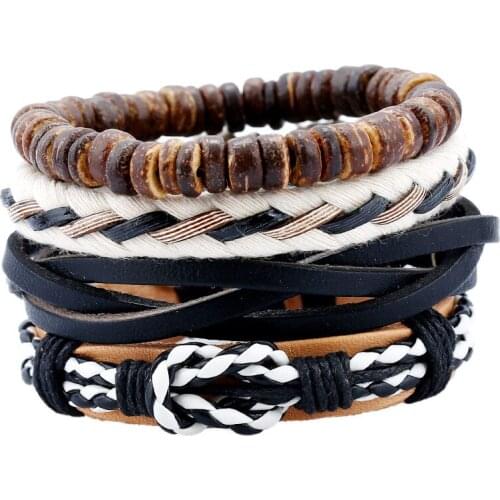 Rock 4pcs/set Wrap Bracelets Adjustable Genuine Leather Retro Man Bracelet Multi-layer Male Wristlet High Quality Bileklik Bijou