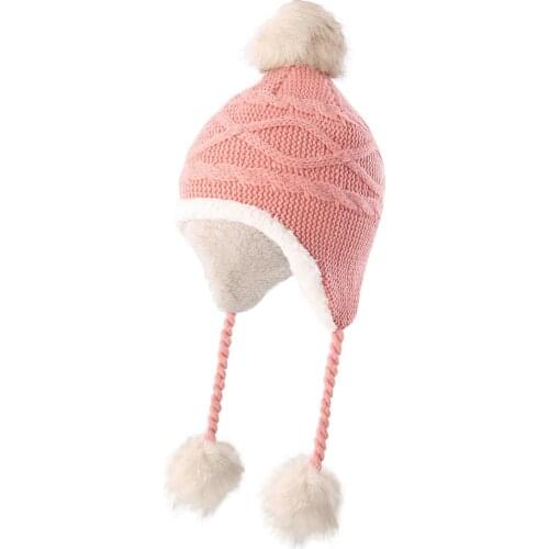 Connectyle Girls Cute Sherpa Lined Skull Cap With Earflaps Hats Kids Winter Warm Beanie Fuzzy Peruvian Hat With Pom-Pom