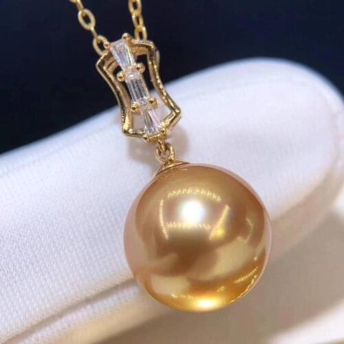 D918 Pearl Pendant Fine Jewelry Solid 18K Gold Round 11-12mm Nature Salt Sea Water Golden Pearls Pendants Necklaces Fine Present