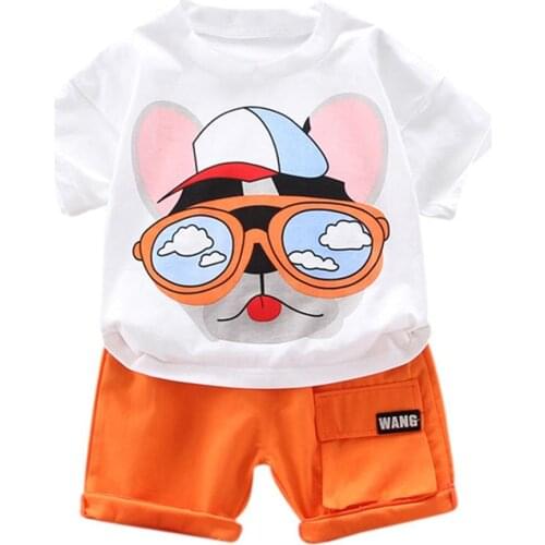 Kids Boy Cartoon Glasses Dog Short Sleeve T-shirt + Shorts Set Summer Childrens Sets