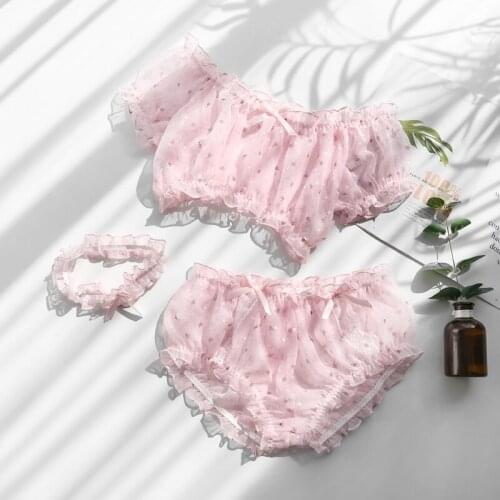 Cosplay Pastal Girl Style Sexy Lingerie Underwear Tranparent Floral Cute Chiffon Beautiful Tube Top Bra Panty Leg Ring 3pcs Set
