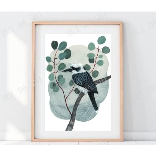 Kookaburra, Bird Lover Gift, Kawaii, Japan style, watercolour print, Australia, native bird, silver dollar, eucalyptus
