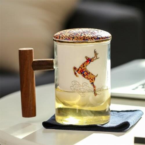 Creative Glass Tea Separation Cup Ceramic Filter Teacup With Lid and Wooden Handle Large Capacity Office Coffee Mug Drinkware