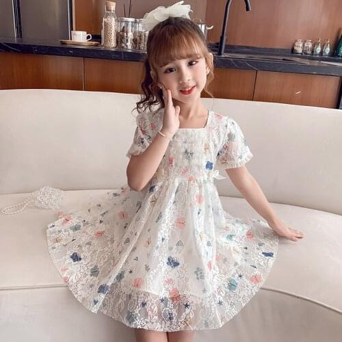 Summer Girls' Dress Pettiskirt Bubble Short-Sleeved Lace Sweet Princess Dress Korean Style Baby Kids ChildrenS Clothing 4-13Y