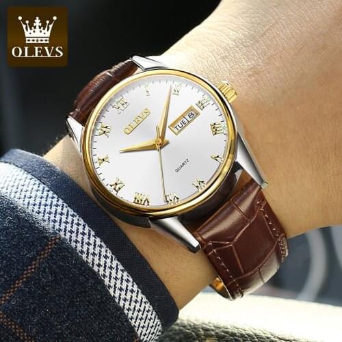 OLEVS Quartz Watch Mens Automatic Date Brown Leather Mens Watch Rose Gold Reloj Hombre Mens Clock Luminous Relogio Masculino