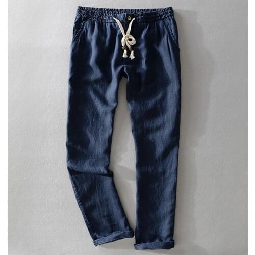 China Style 100% Linen Men Solid color Pants Spring White Thin Long Pants Good Quality Male Breathable Beach Trousers