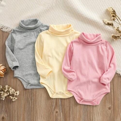 Newborn Baby Girls Boys Soft Cotton Rompers Autumn Toddler Infant Long Sleeve Ribbed Turtleneck Jumpsuit Kids Baby Clothes