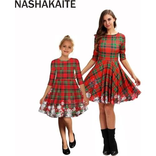 NASHAKAITE Mom And Daughter Dress Plaid Print Christmas Dress Mommy And Me Clothes Christmas Family Outfit Mother Daughter sets