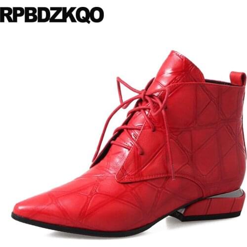 Genuine Leather Chunky Pointed Toe Winter Front Lace Up Casual Ankle Boots Autumn Shoes Red Booties Faux Fur Women British 2018