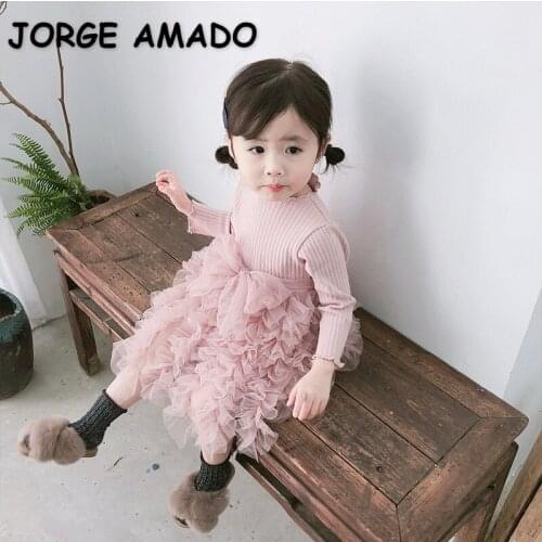 2021 Spring New Girls Dresses Fake Two Pieces Solid Color Long Sleeve Waffle Top + Bow Tutu Princess Dresses Kids Clothes E8002