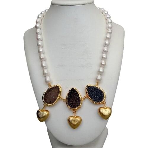 YYGEM Natural Cultured White Rice freshwater Pearl choker Necklace Quartz Druzy Gold filled Brushed Pendant 20