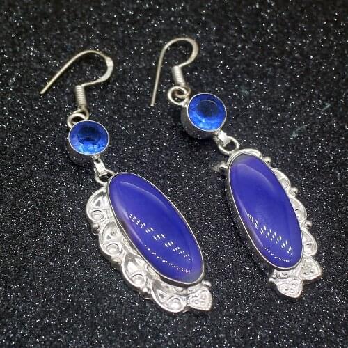 Wonderful Unique BotswanaAgate BlueTopaz Silver Color For Women Drop Dangle Earrings 2 5/8 inch HD545