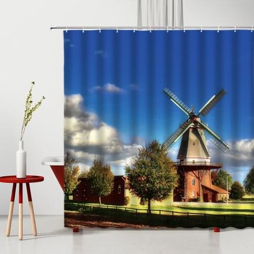 Windmill Shower Curtain European Farm Scenery Tree Wooden House Flower Orange-Sunset Machine Washable Bathroom Decor Curtain