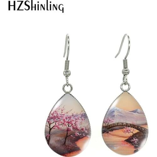 Vintage Cherry Blossoms Flowers Painting Tear Drop Dangles Fish Hook Earrings Beauty Cherry Blossoms Stainless Steel Earrings