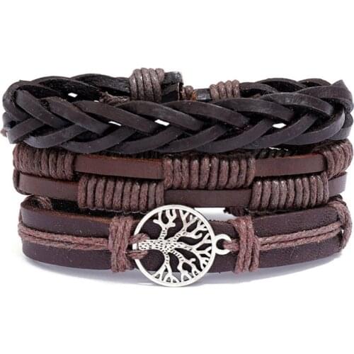 Vintage Fashion Multilayer Leather Bracelets Set Tree of Life Braided Charm Retro Wristbands Bangle Wrap Casual Handmade Jewelry