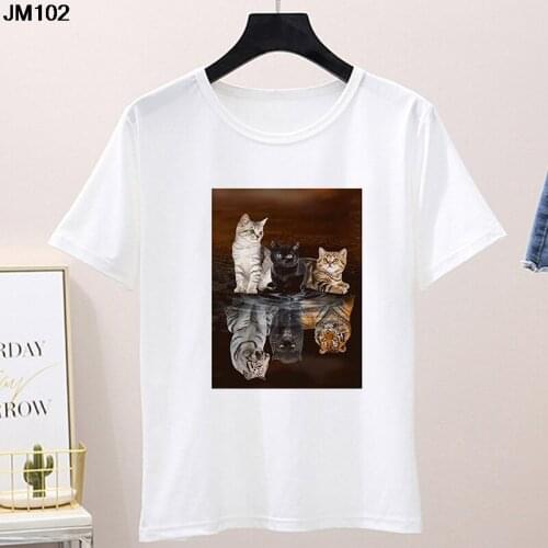 2021 New Womens Cat Reflection Print T-shirt Summer Fashion Kawaii Ladies T Shirt Harajuku Casual Short Sleeve Top White Tshirt