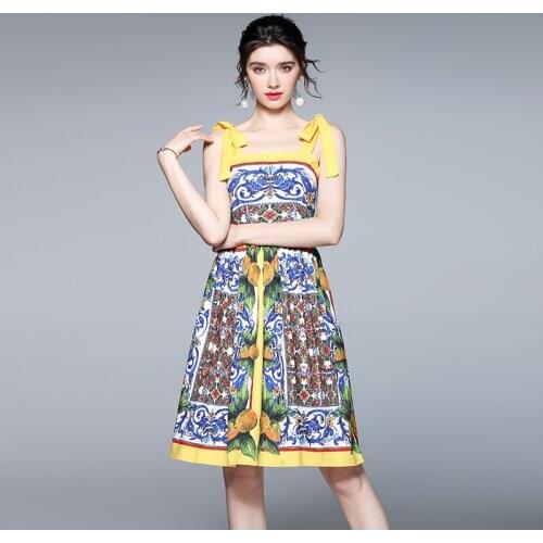 2021 Fashion Runway Summer Short Dress Womens High Quality Painted Pottery Printed Bow Spaghetti Strap Party Dress k6826