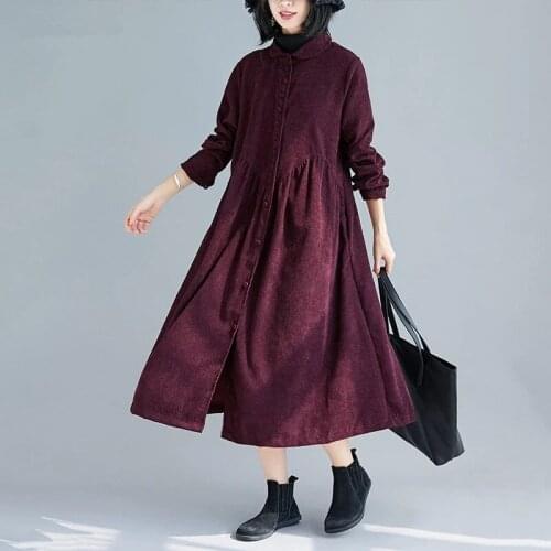 Long Sleeve Plus Size Corduroy Vintage Women Casual Loose Autumn Winter Windbreaker Shirt Dress Cardigan 2021 Outerwear Female