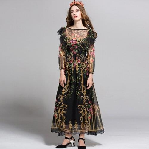 VERDEJULIAY Vintage Long Dress 2020 Fashion New Women Full Sleeve Ruffles Flower Print Black Long Elegant Dress Vestidos