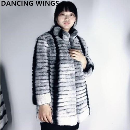 Plus Size S-4XL Winter Warm Stand Collar Real Rex Rabbit Fur Coat Chinchilla Color Women Fur Coat And Jacket