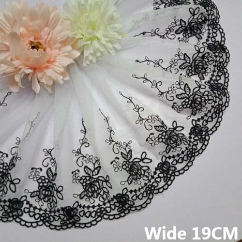 19CM Wide Luxury Tulle White Mesh Black Embroidered Flowers Lace Material Fringe Ribbon Trim DIY Apparel Curtains Sewing Decor