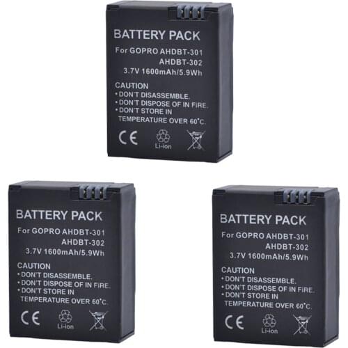 3Pcs for GoPro AHDBT-301 Camera Battery for Gopro Hero 3 3+ AHDBT-301, AHDBT-201 battery for go pro Accessories